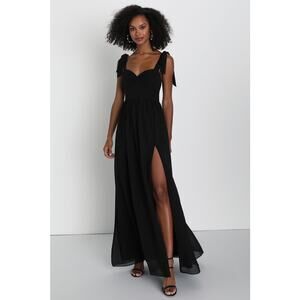 NWT Lulus Radiant Charisma Black Chiffon Ruched Tie-Strap Maxi Dress Wedding L